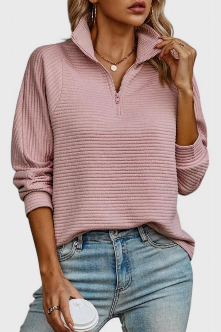 Pull Helene à Col en V avec Fermeture Éclair et Manches Longues