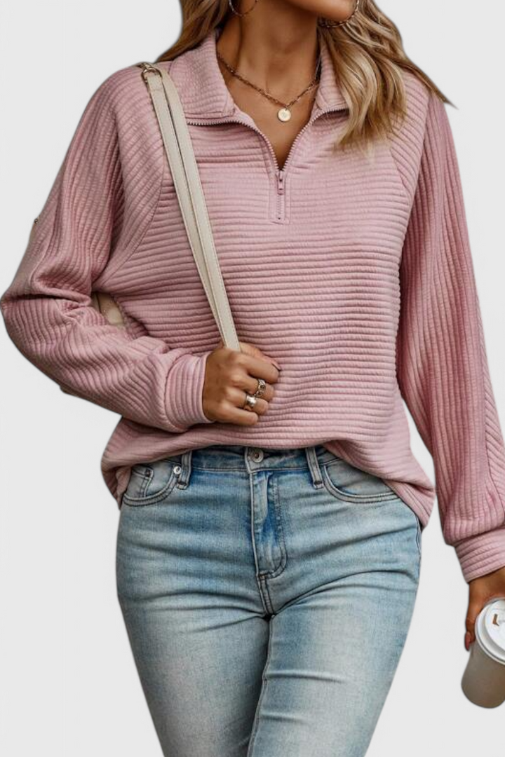 Pull Helene à Col en V avec Fermeture Éclair et Manches Longues
