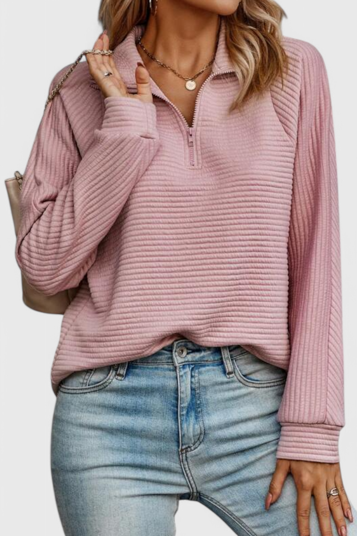 Pull Helene à Col en V avec Fermeture Éclair et Manches Longues