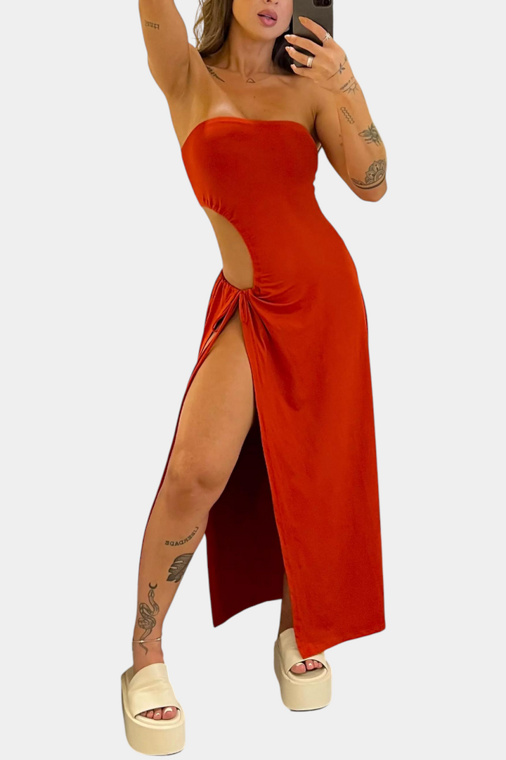 Robe Teuta Sans Bretelles avec Nœud Latéral et Fente Haute