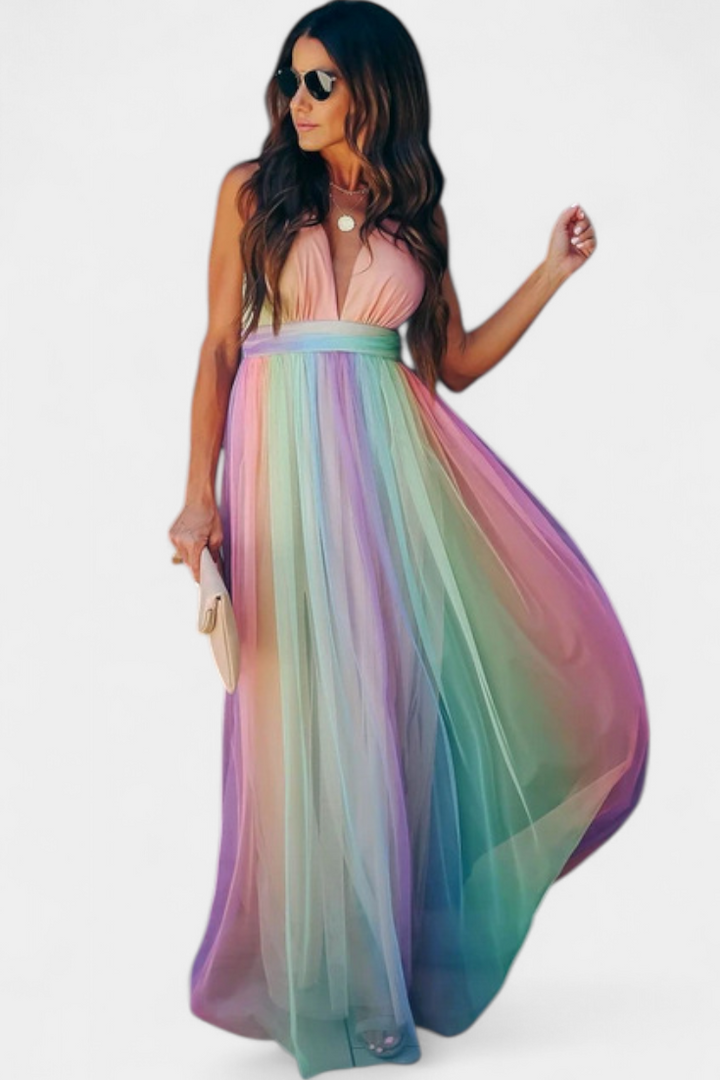 Robe Gretchen à Rayures Multicolores avec Décolleté en V