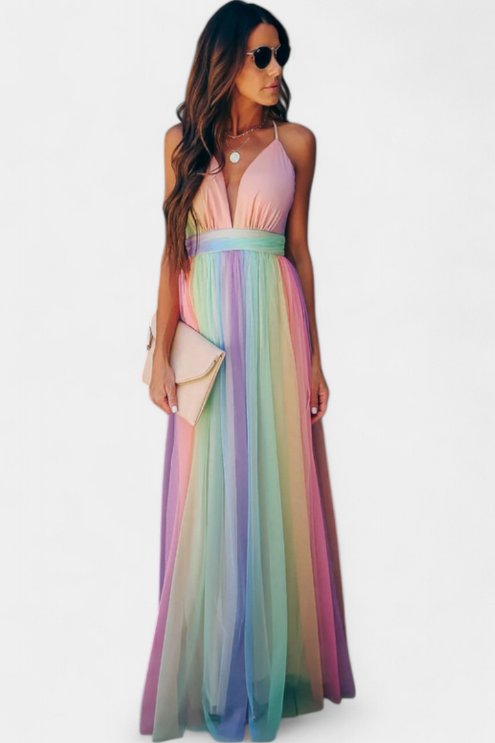 Robe Gretchen à Rayures Multicolores avec Décolleté en V