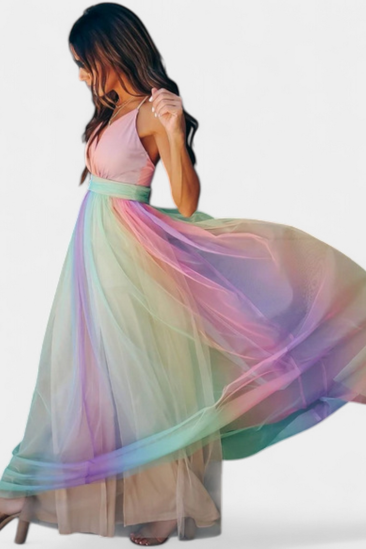 Robe Gretchen à Rayures Multicolores avec Décolleté en V