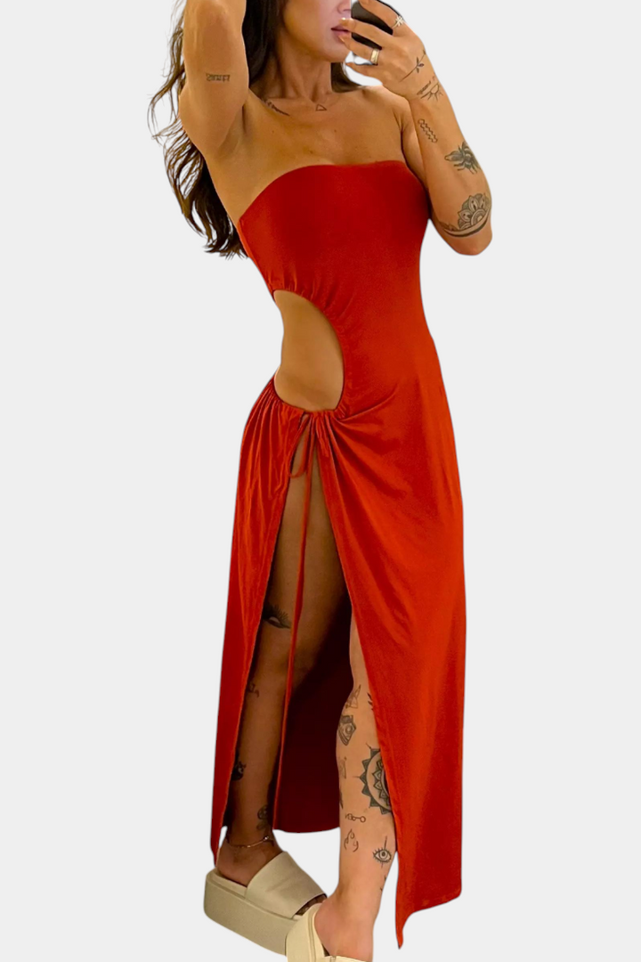 Robe Teuta Sans Bretelles avec Nœud Latéral et Fente Haute