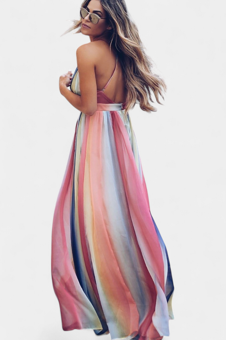Robe Gretchen à Rayures Multicolores avec Décolleté en V