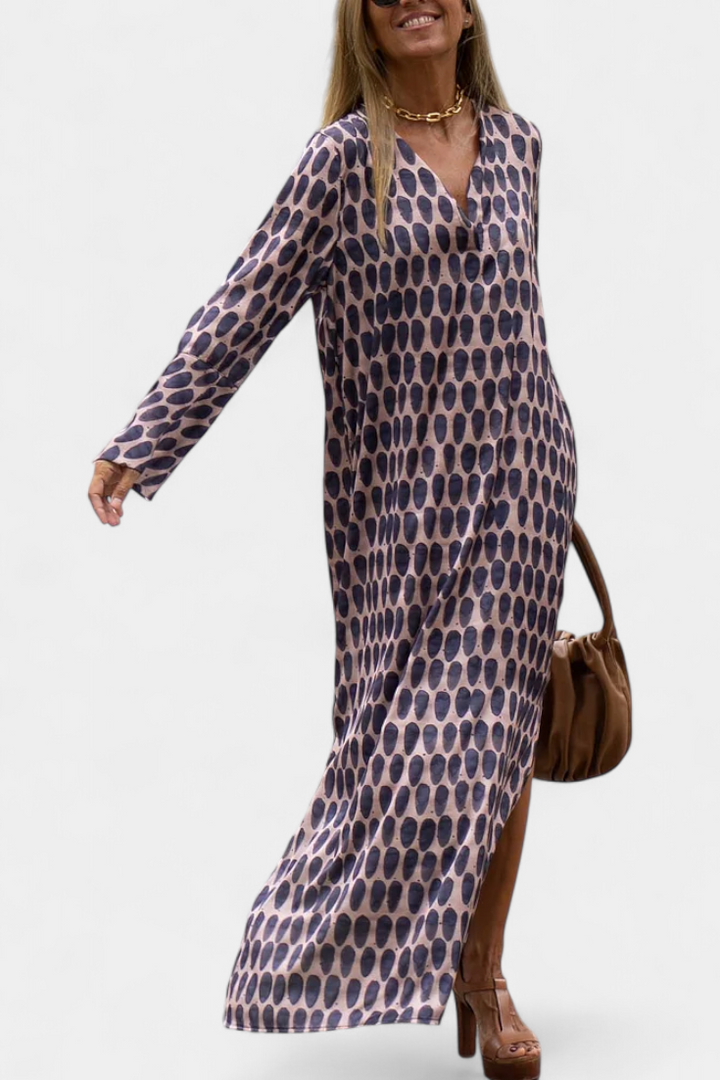 Robe Longue Géométrique Brisa avec Fente et Décolleté en V
