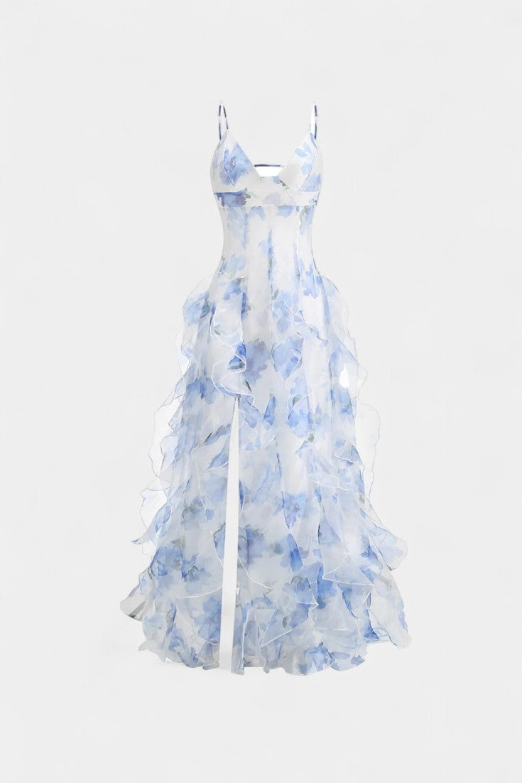 Robe Maxi Bonnie avec Volants Floraux et Découpe Latérale