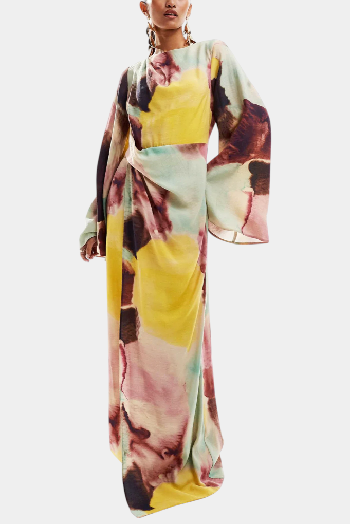 Robe Maxi Dana avec Imprimé Aquarelle et Devant Tordu