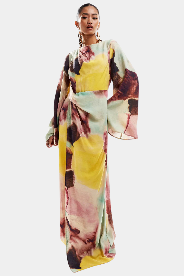 Robe Maxi Dana avec Imprimé Aquarelle et Devant Tordu