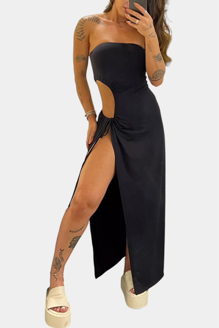 Robe Teuta Sans Bretelles avec Nœud Latéral et Fente Haute