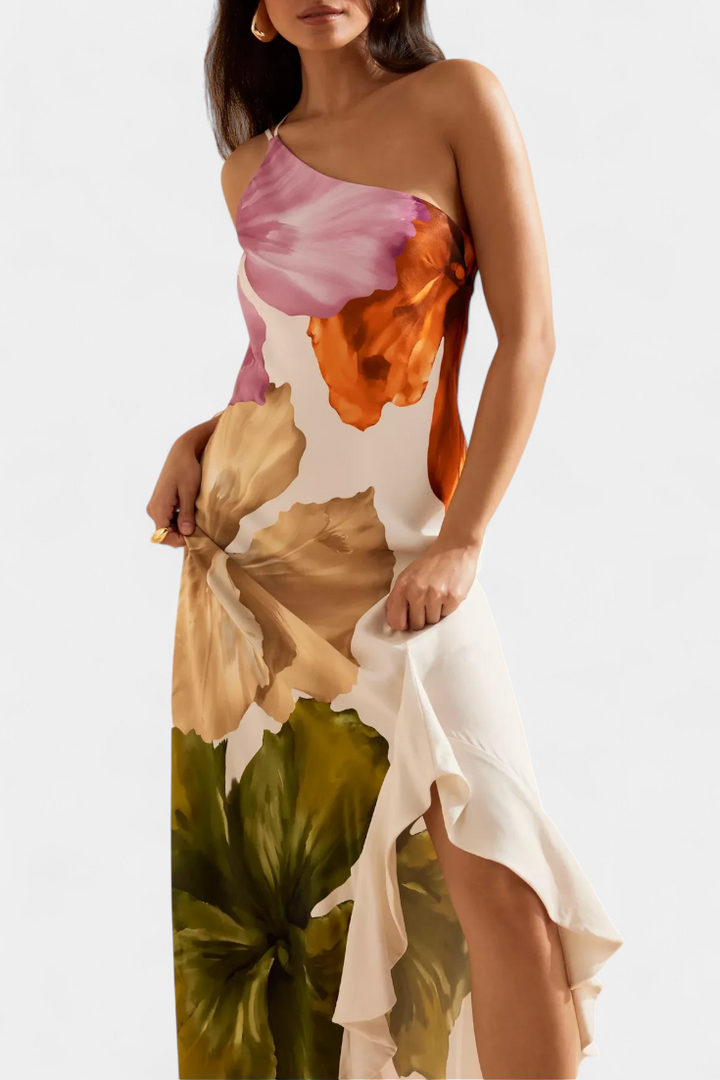 Robe Élégante Almudena avec Patchwork et Col Asymétrique