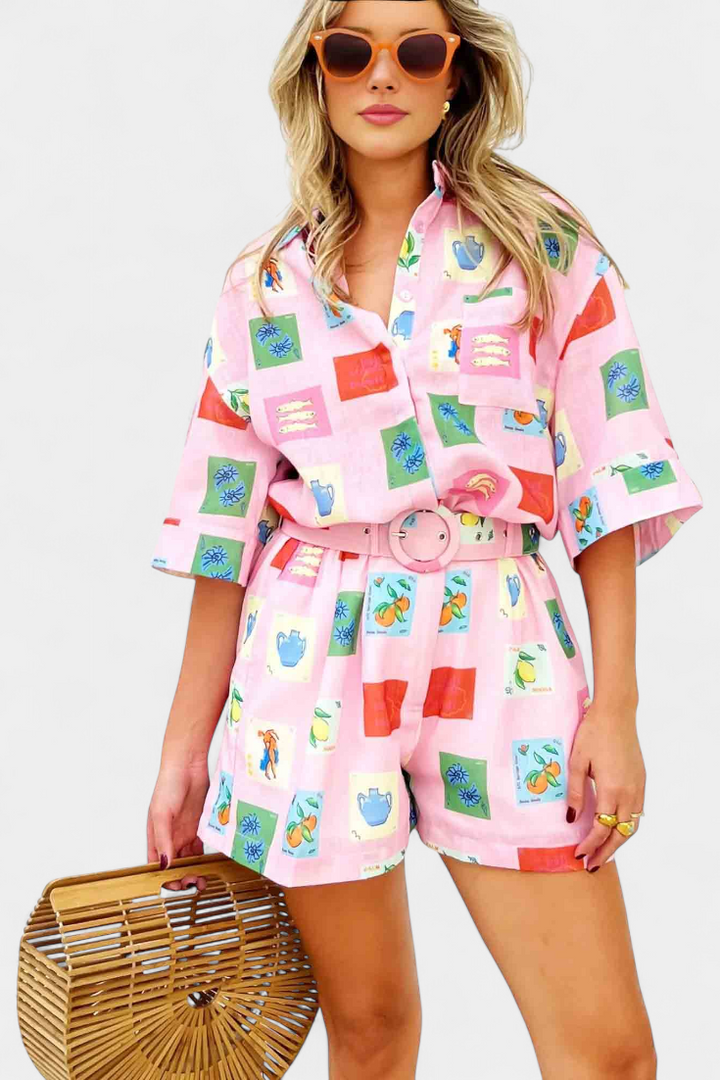 Mariluz Ensemble Chemise et Shorts avec Imprimé Rose