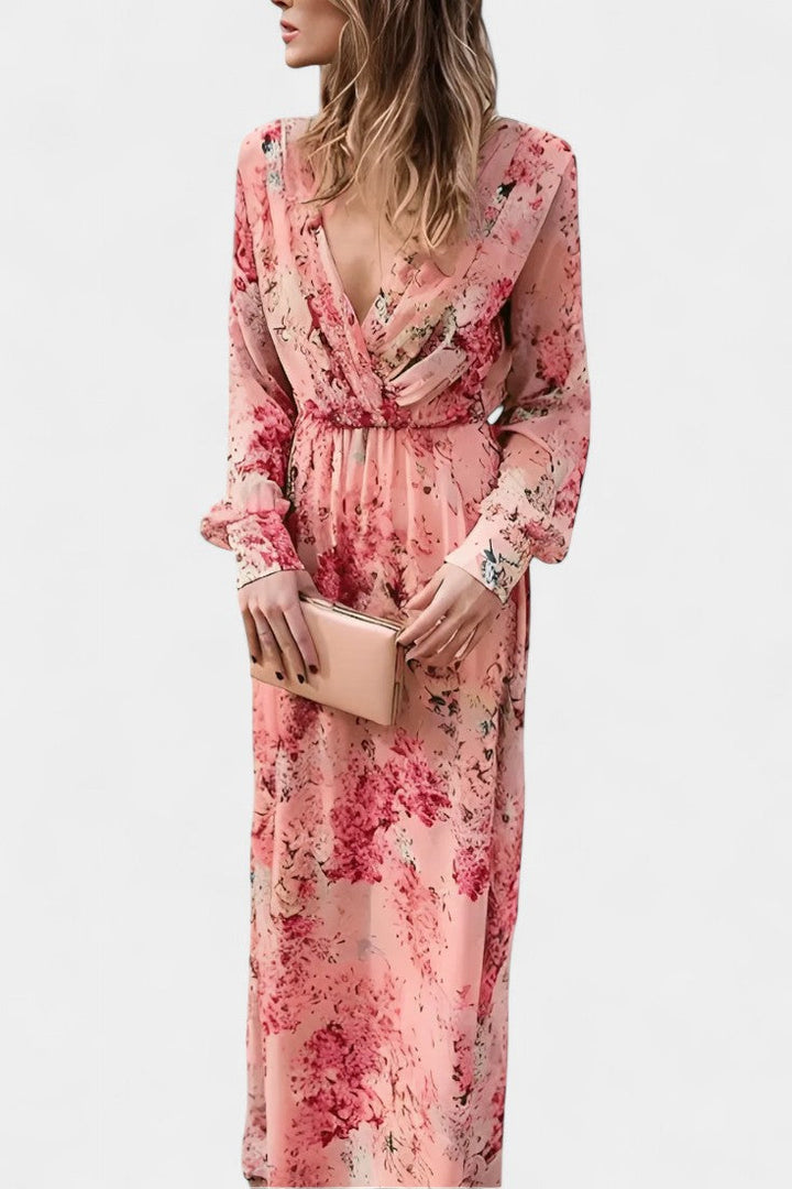 Robe Maxi Boho Florale Amaliya avec Manches Longues et Taille Définie