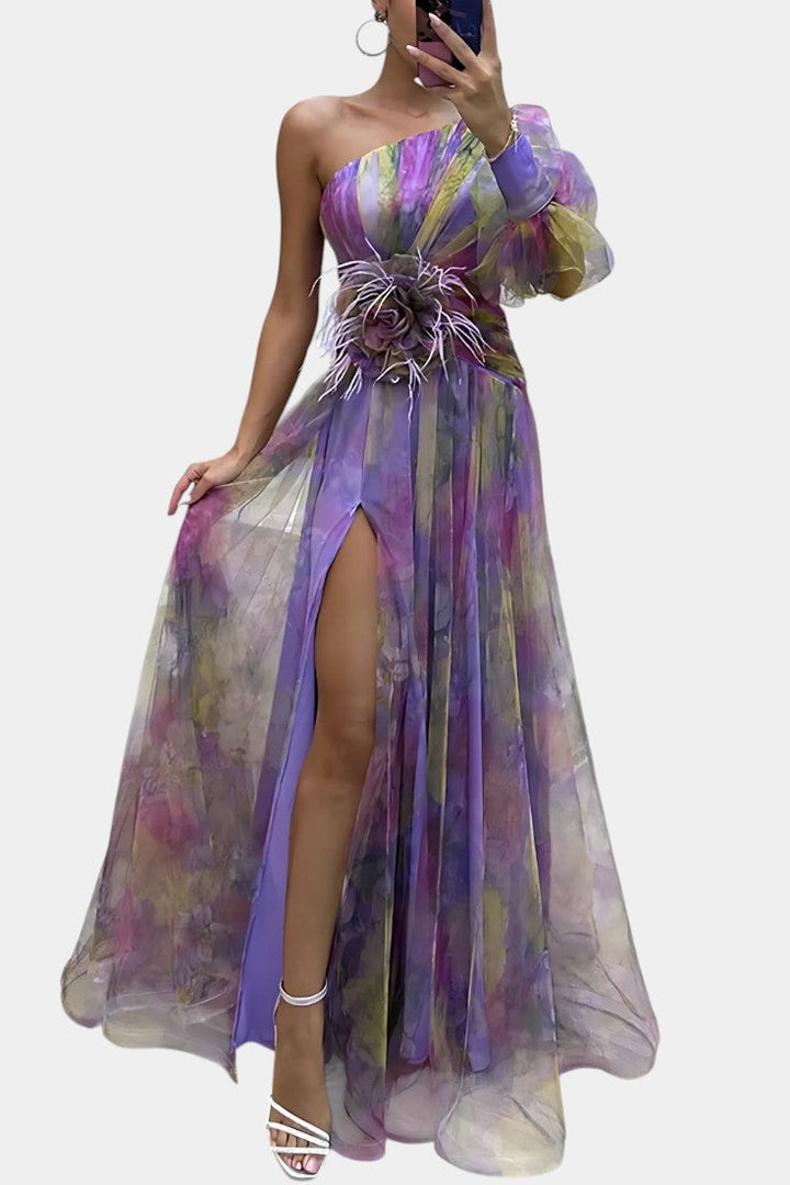 Robe Maxi Asymétrique Amelie à Épaule Unique avec Imprimé Artistique