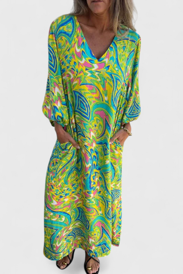 Carmina Robe Maxi Bohémienne avec Décolleté en V et Imprimé Abstrait