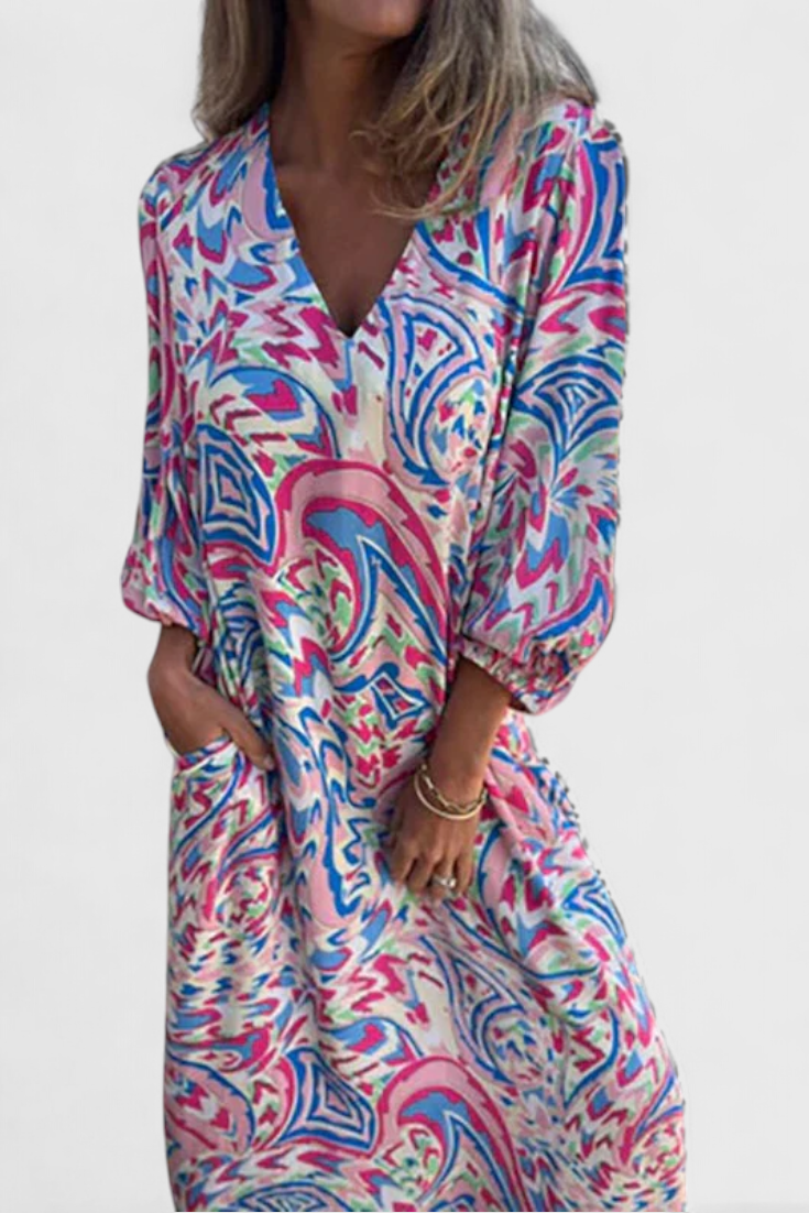 Carmina Robe Maxi Bohémienne avec Décolleté en V et Imprimé Abstrait
