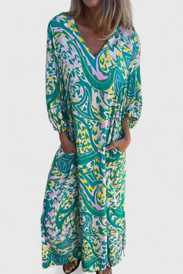 Carmina Robe Maxi Bohémienne avec Décolleté en V et Imprimé Abstrait