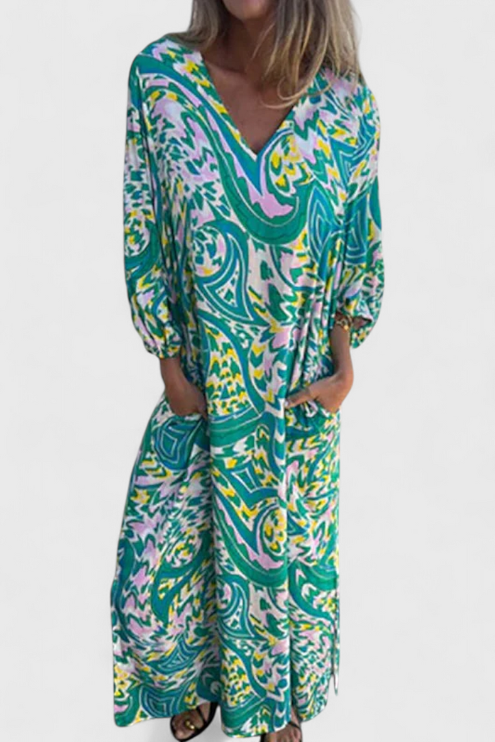 Carmina Robe Maxi Bohémienne avec Décolleté en V et Imprimé Abstrait