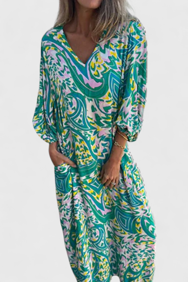 Carmina Robe Maxi Bohémienne avec Décolleté en V et Imprimé Abstrait