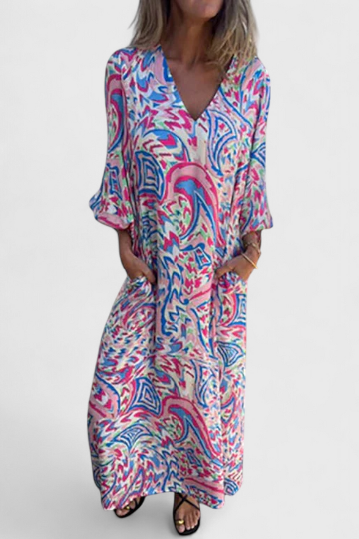 Carmina Robe Maxi Bohémienne avec Décolleté en V et Imprimé Abstrait