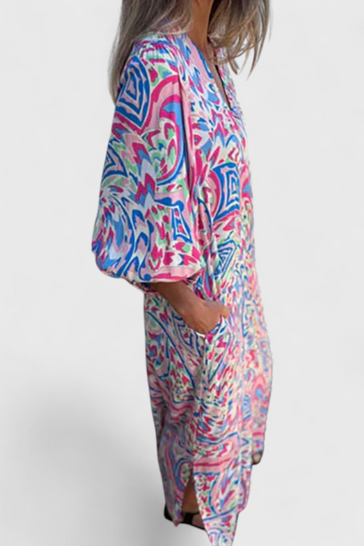 Carmina Robe Maxi Bohémienne avec Décolleté en V et Imprimé Abstrait