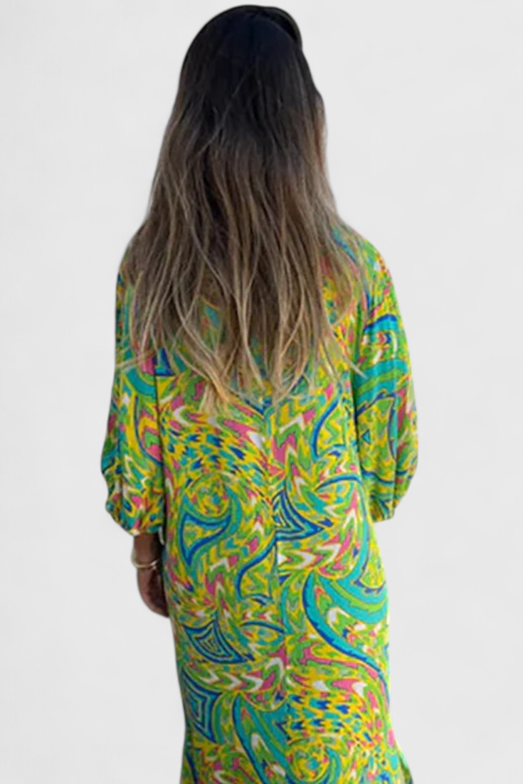 Carmina Robe Maxi Bohémienne avec Décolleté en V et Imprimé Abstrait