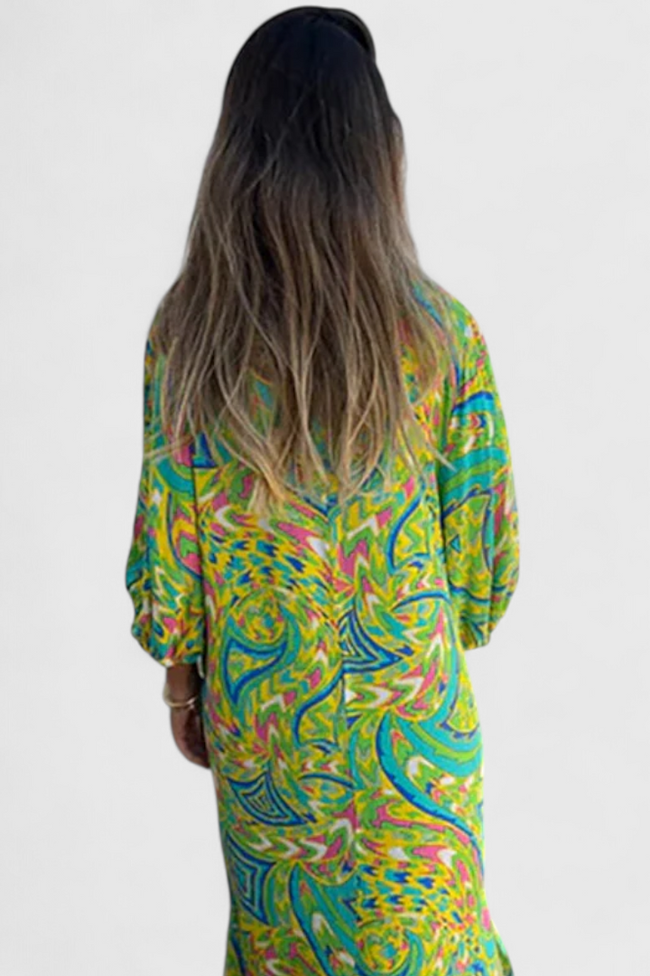 Carmina Robe Maxi Bohémienne avec Décolleté en V et Imprimé Abstrait