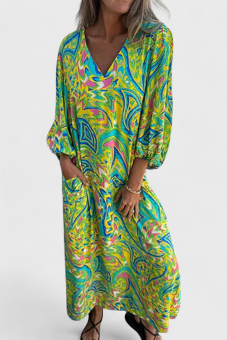 Carmina Robe Maxi Bohémienne avec Décolleté en V et Imprimé Abstrait