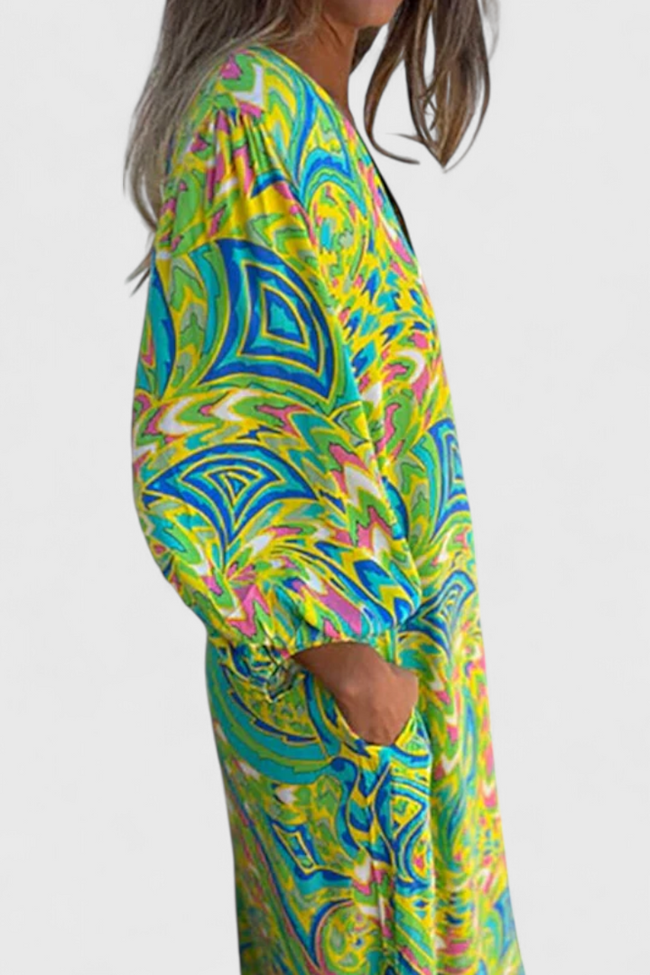 Carmina Robe Maxi Bohémienne avec Décolleté en V et Imprimé Abstrait