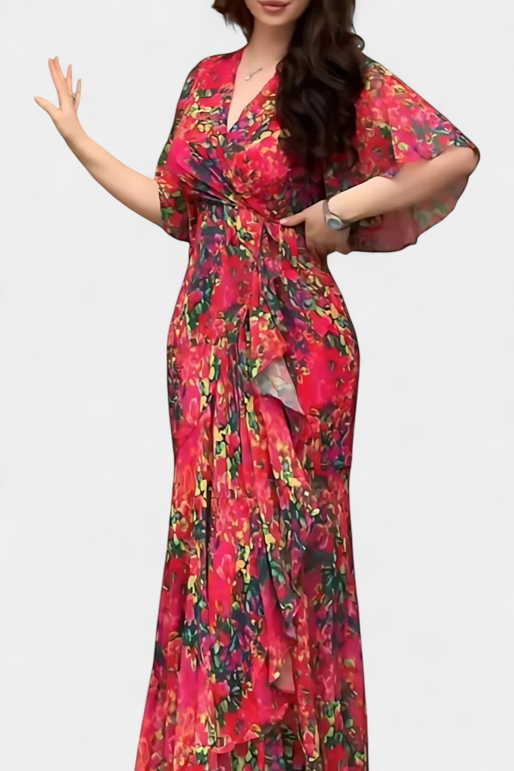 Robe Sima Croisée Imprimée avec Décolleté en V et Manches Évasées