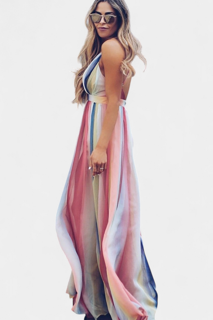 Robe Gretchen à Rayures Multicolores avec Décolleté en V