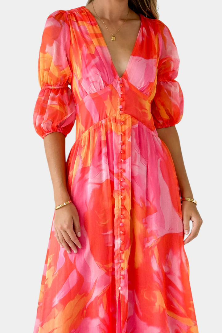 Robe Maxi Essja à Manches Bouffantes avec Décolleté en V