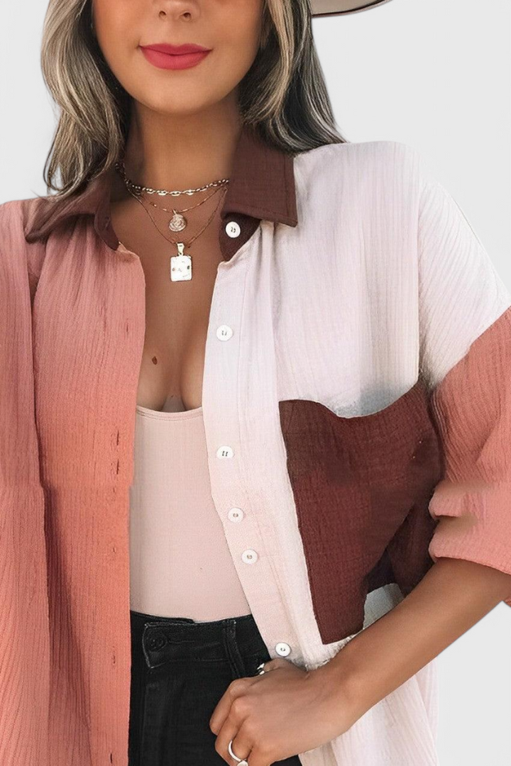 Blouse Juniper à Boutons en Bloc de Couleur