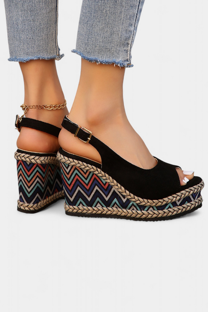 Sandales à Talons Dionisia avec Tissu Ethnique et Sangles en Daim