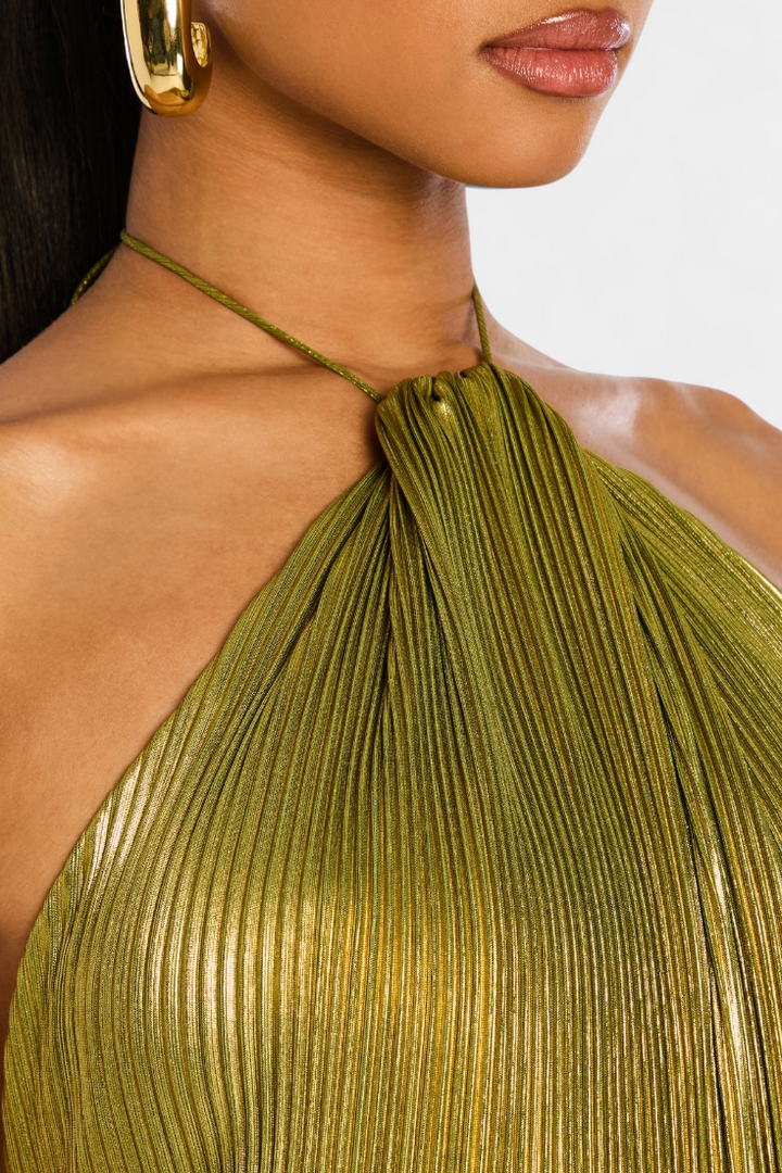 Robe Halter Métallique Emma avec Dos Nu et Fente Haute