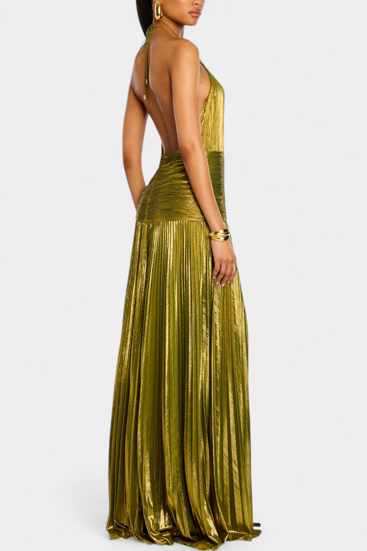 Robe Halter Métallique Emma avec Dos Nu et Fente Haute