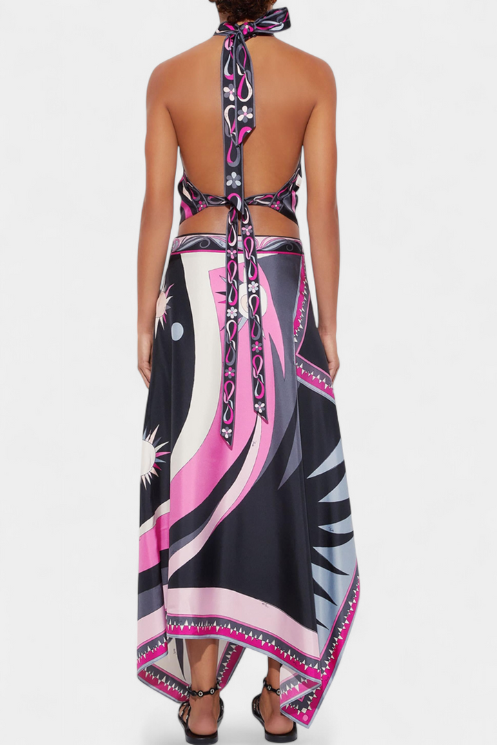 Ciana Ensemble Satin avec Jupe Abstraite et Top Halter