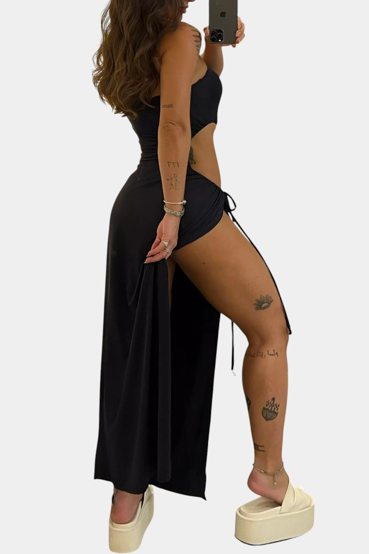 Robe Teuta Sans Bretelles avec Nœud Latéral et Fente Haute