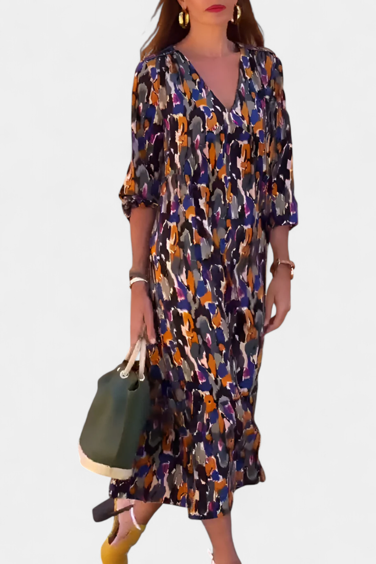 Robe Teodora Rétro avec Décolleté en V et Manches Bouffantes