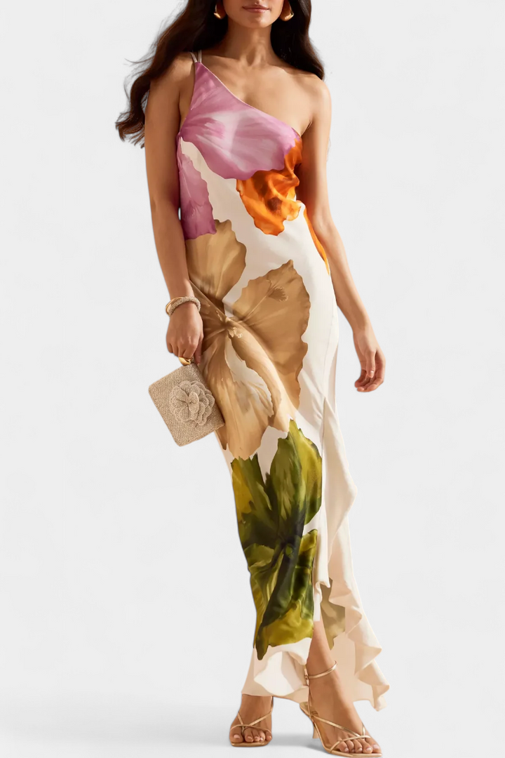 Robe Élégante Almudena avec Patchwork et Col Asymétrique