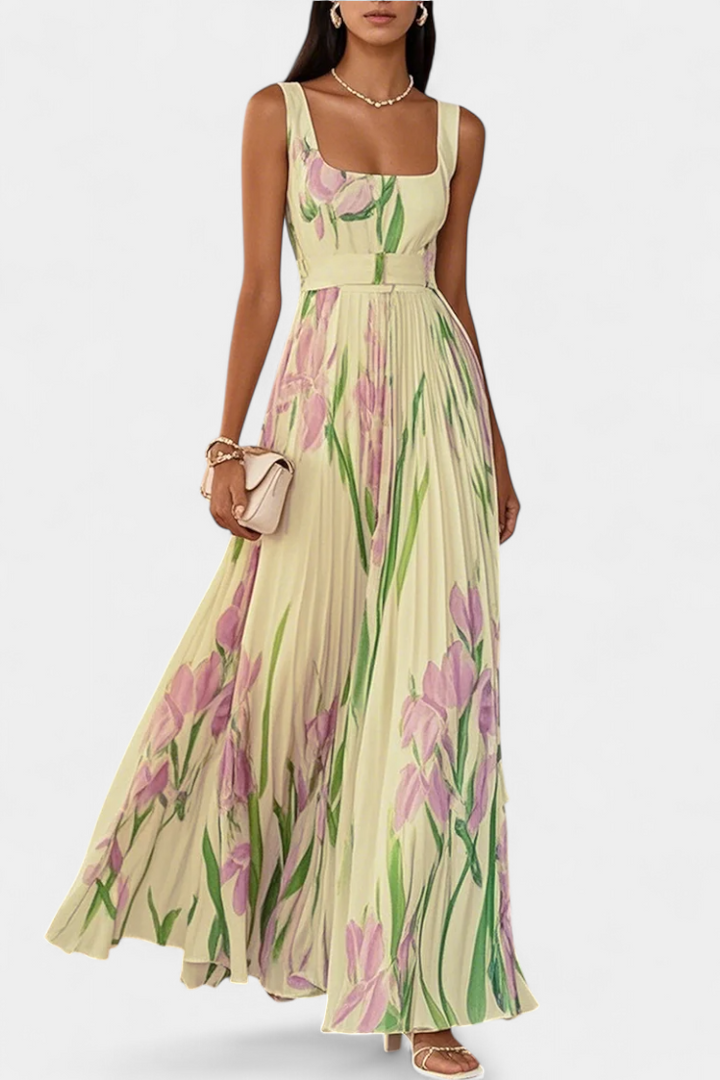 Robe Longue Plissée Calanthe avec Imprimé Floral et Décolleté Carré