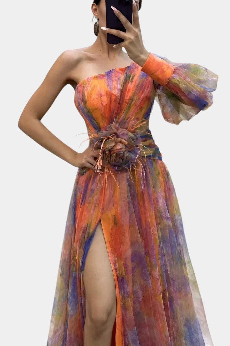 Robe Maxi Asymétrique Amelie à Épaule Unique avec Imprimé Artistique