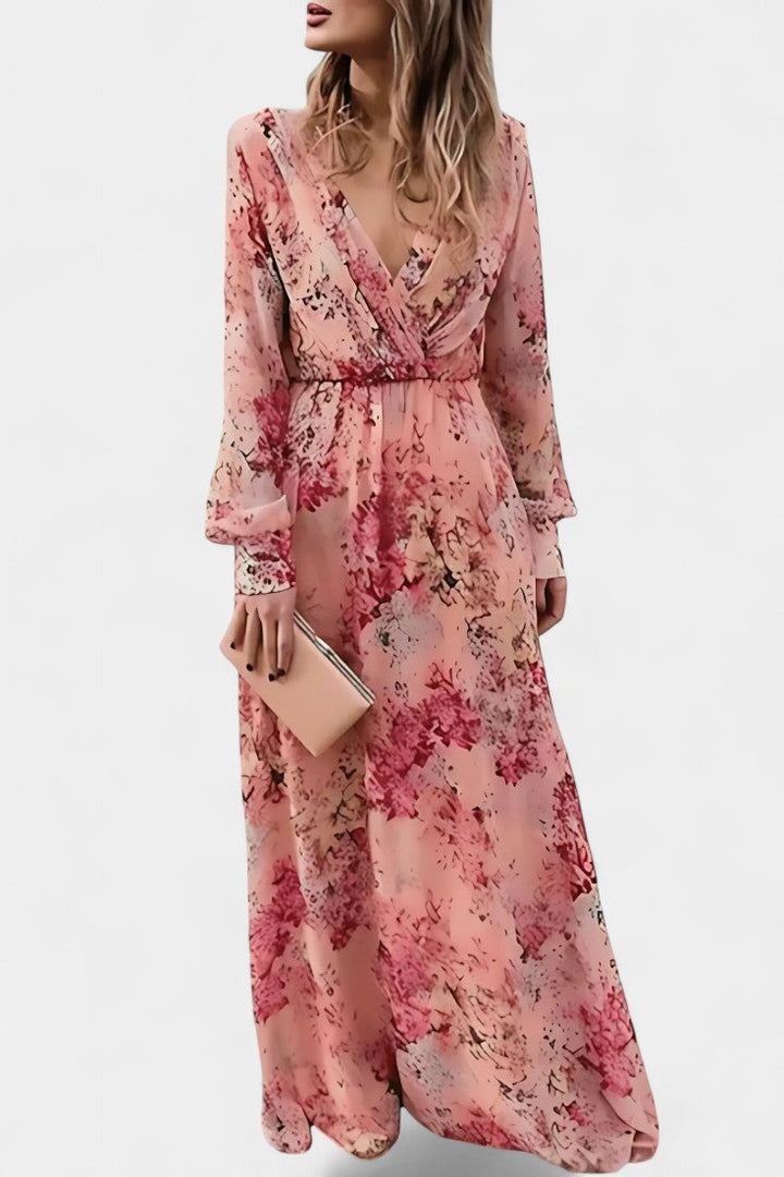 Robe Maxi Boho Florale Amaliya avec Manches Longues et Taille Définie