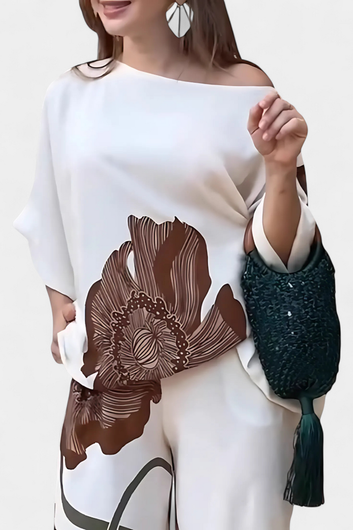 Sybella Ensemble Floral de Deux Pièces avec Épaule Dégagée et Pantalon Droit
