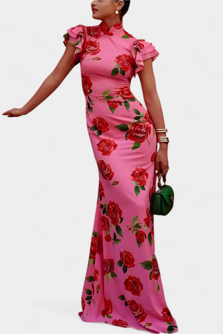 Robe Qipao Mayra avec Imprimé de Roses Élégant