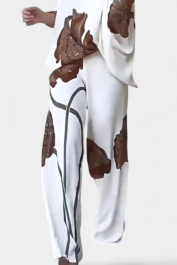 Sybella Ensemble Floral de Deux Pièces avec Épaule Dégagée et Pantalon Droit
