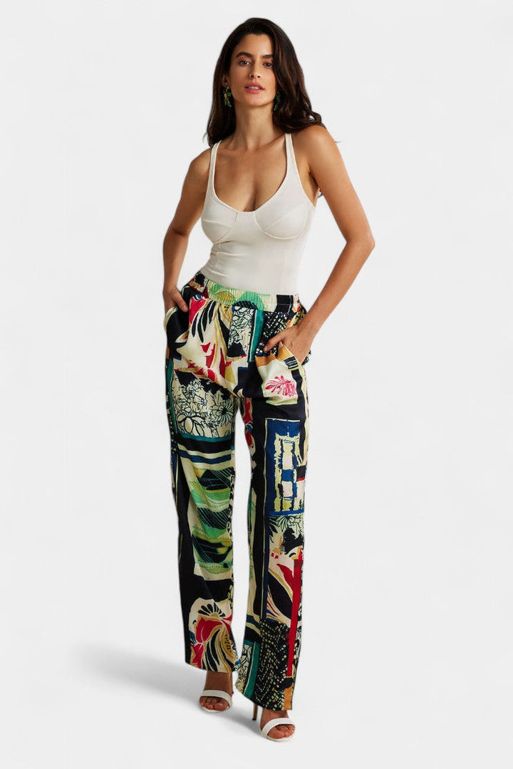 Pantalons Droits Taille Haute avec Imprimé Floral
