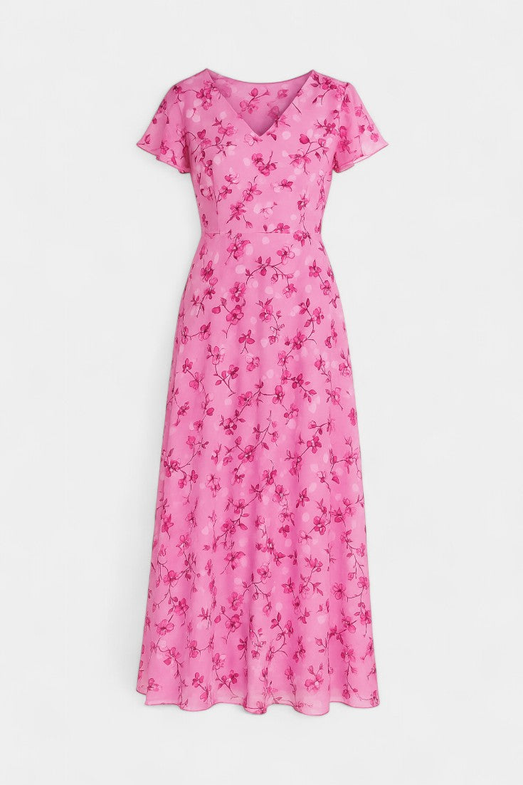 Robe Maxi Florale Amara avec Décolleté en V et Manches Volantes