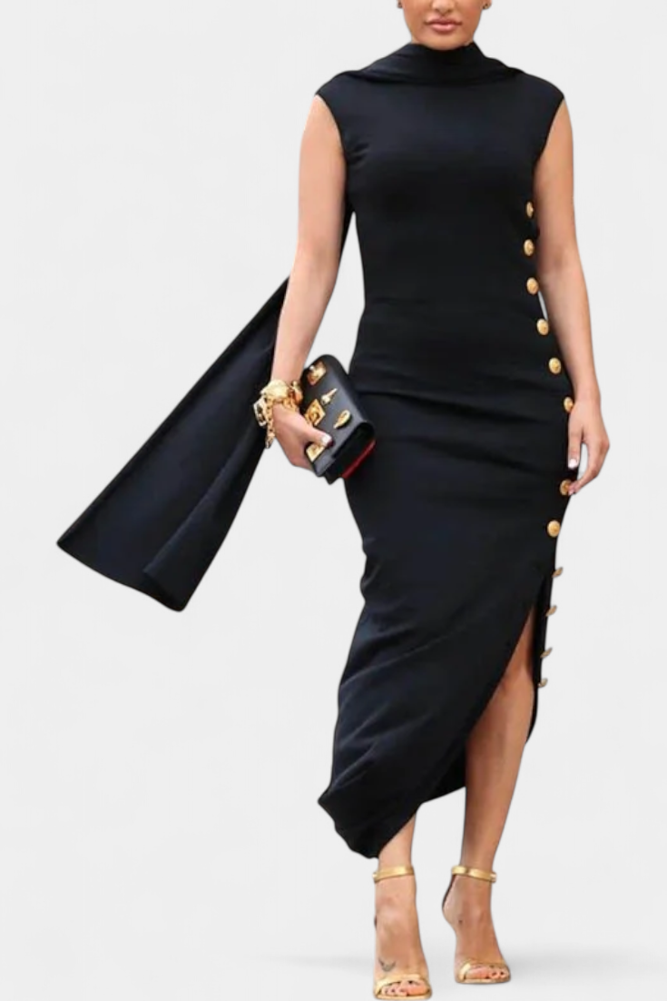 Robe Asymétrique Aphrodite avec Boutons Dorés Décoratifs
