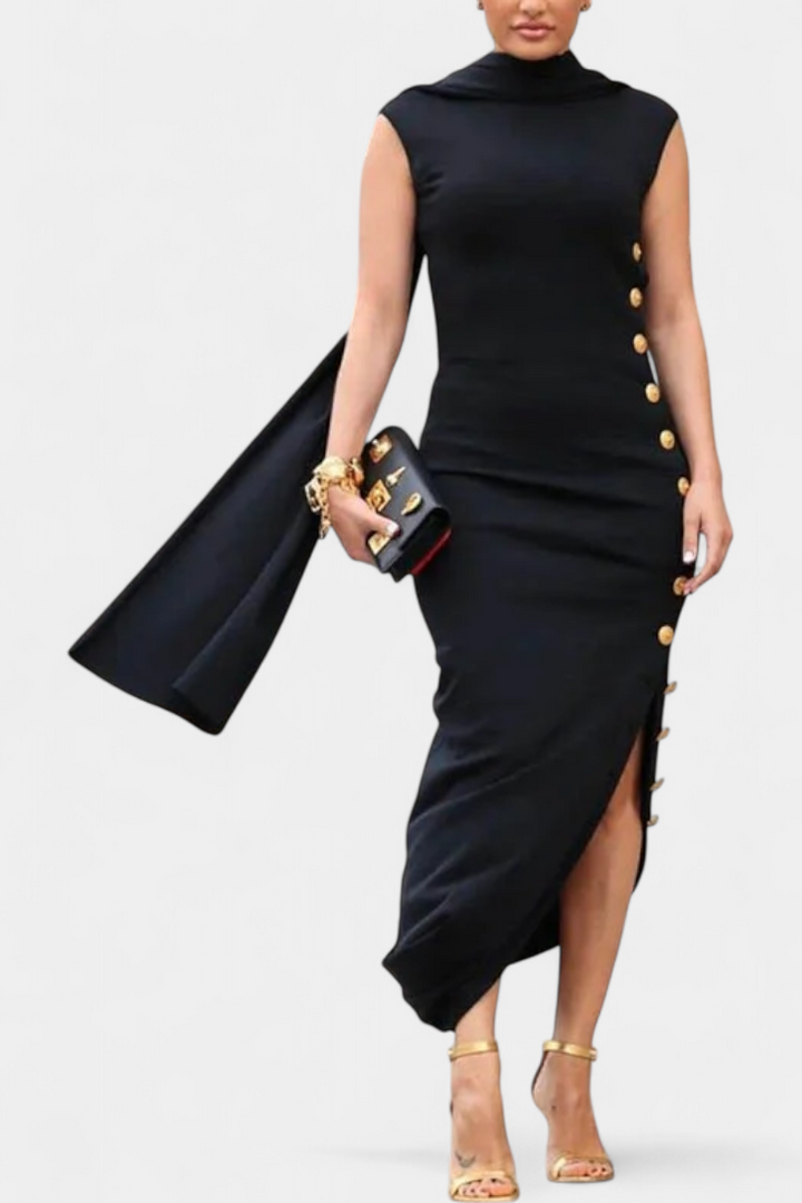 Robe Asymétrique Aphrodite avec Boutons Dorés Décoratifs